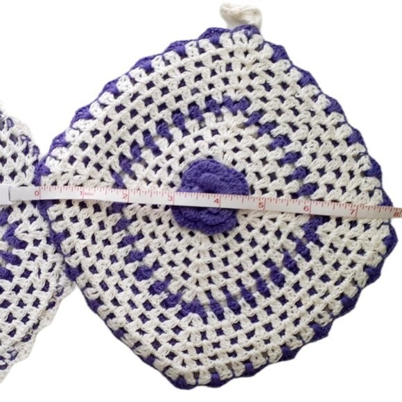 Hand Crocheted Pot Holder Hot Pad Trivet Deco Flower White Purple 8" - Picture 5 of 9